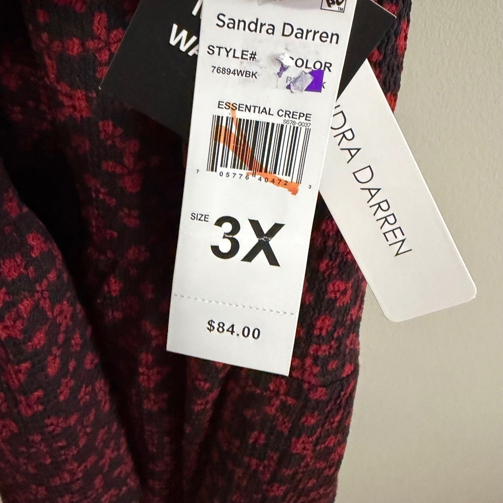 Sandra Darren Red Black Floral Crepe Tiered V-Neck boho cottagecore Dress 3X - Picture 12 of 12